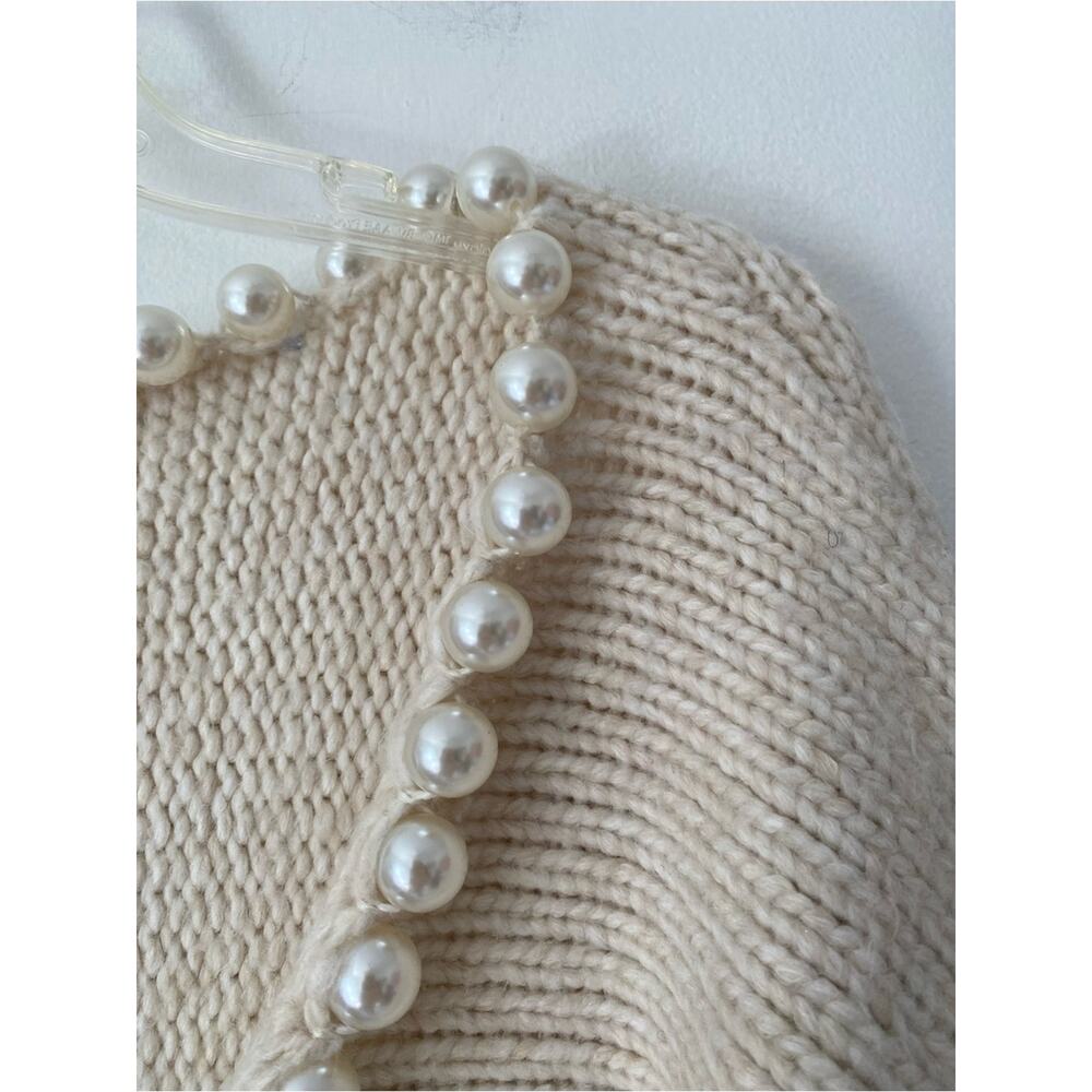 Zara Pearl-Trim V-Neck Cream Sweater -Women's Knit Pullover size large - Picture 4 of 5